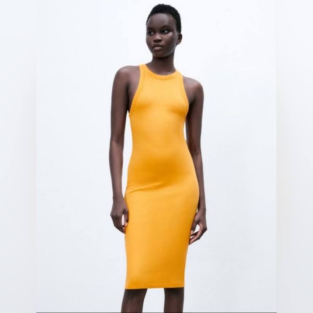 Zara Mustard Yellow Ribbed Midi Dress